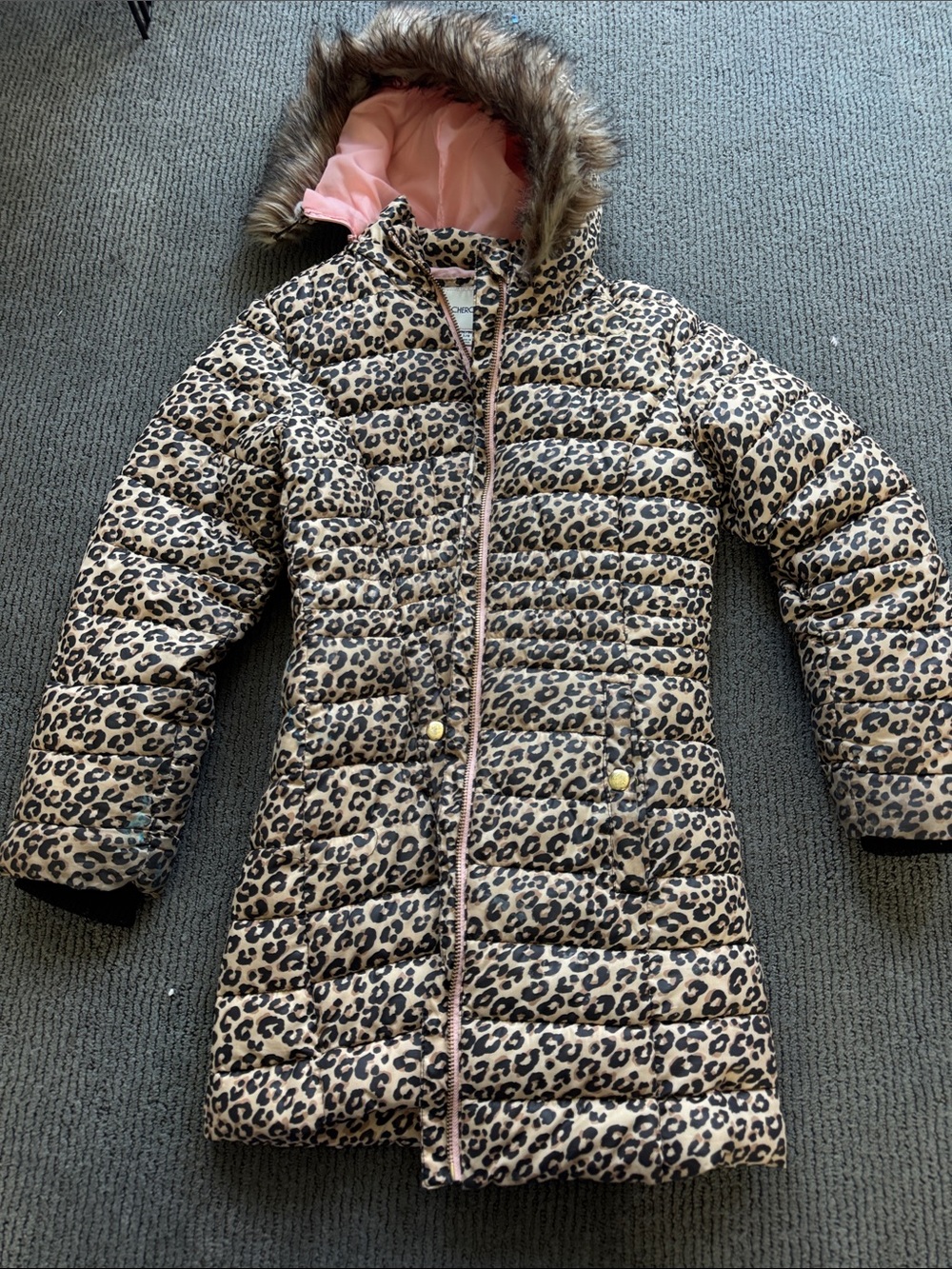 Cherokee Girls Leopard Print Puffer Coat with Faux Fur Hood - Tan, Black, Pink